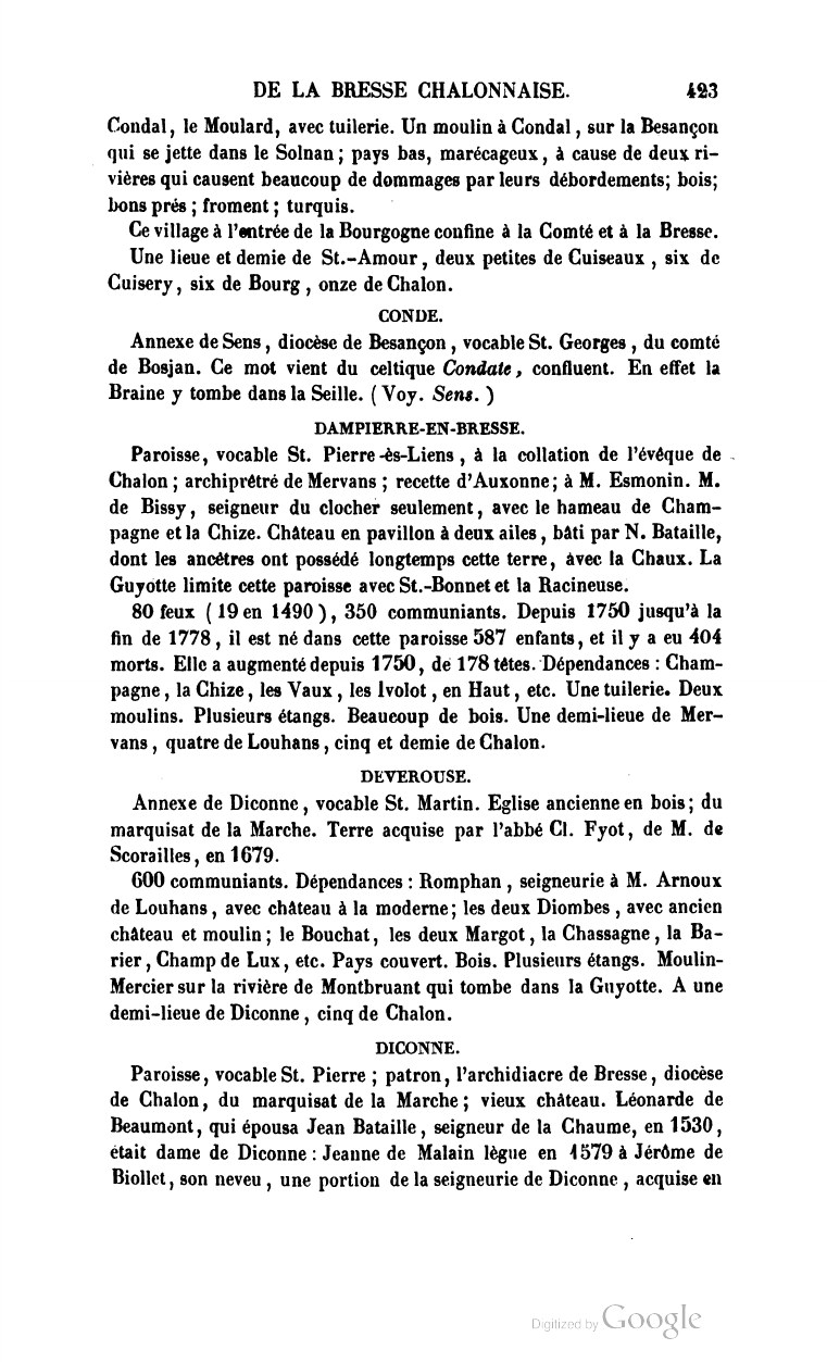 Page 423, descriptions de Devrouze et début de Diconne