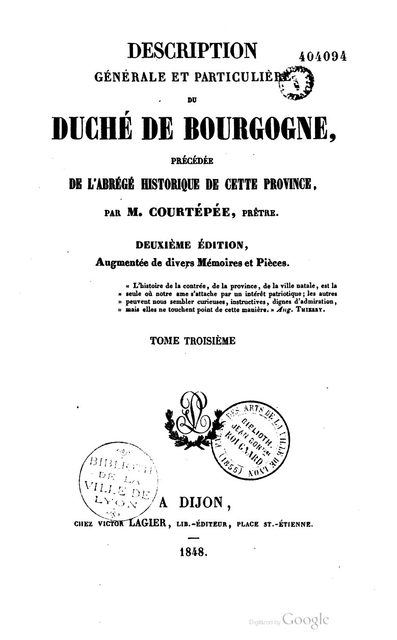 Page de titre du livre de Claude Courtépée, édition de 1848