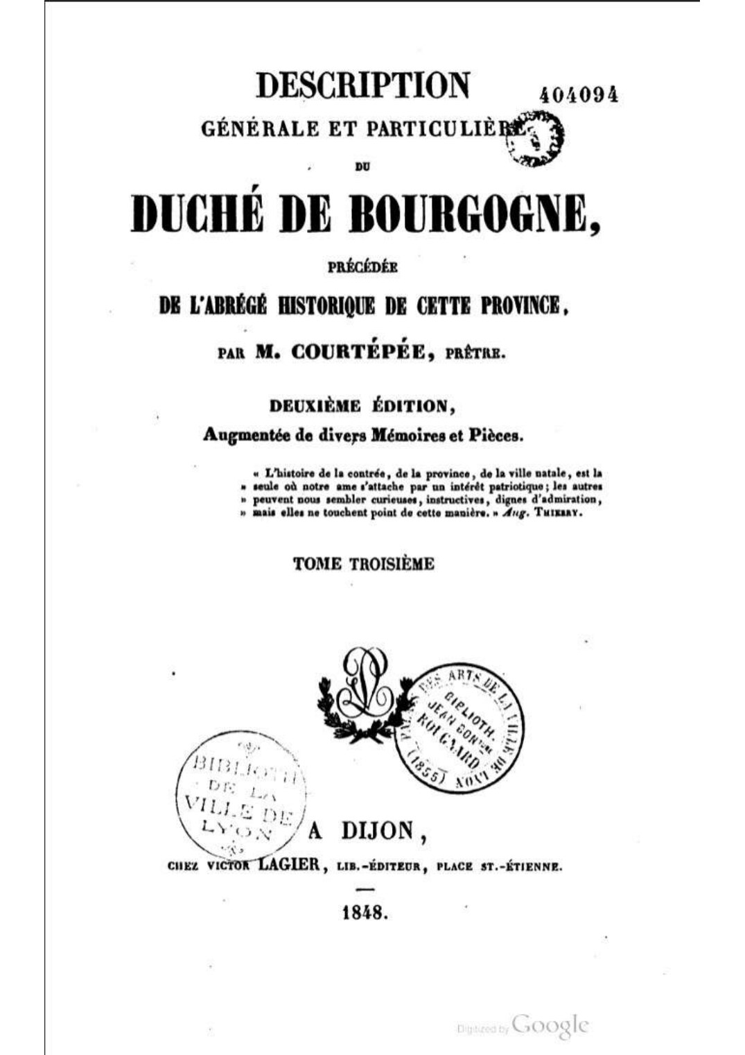 Page de titre du livre de Claude Courtépée, édition de 1848